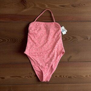 JESSICA SIMPSON Geranium Petal Pink Eyelet Halter One Piece Swimsuit Bathing Sui